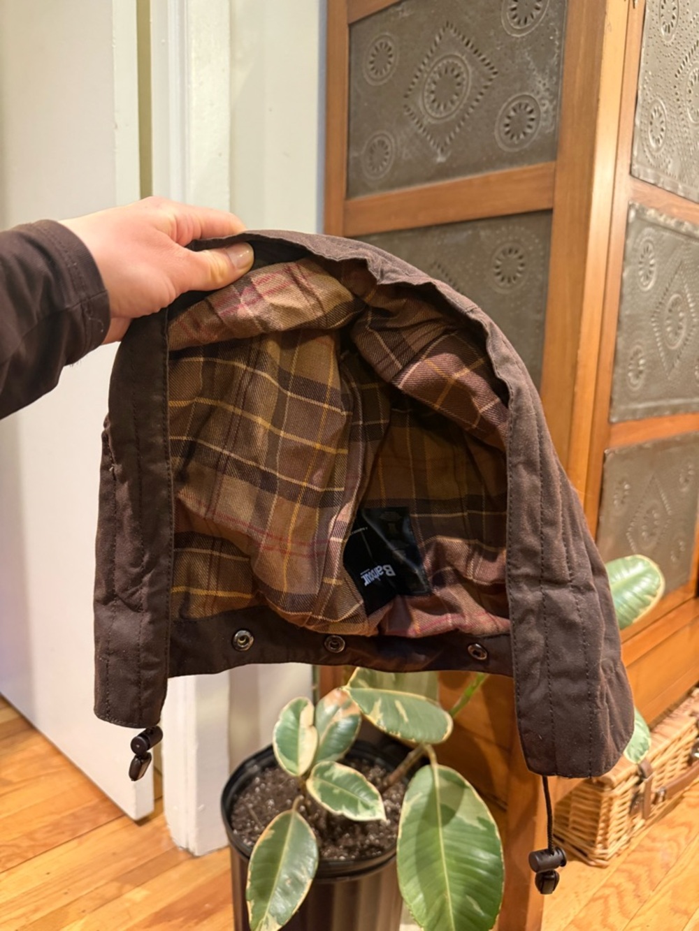 Barbour Brown Hood with Tartan Lining